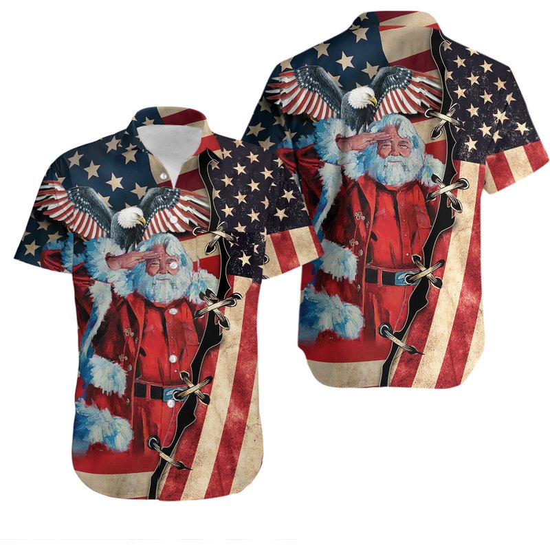 Christmas Patriot Santa Clause Hawaiian Shirt — Mens Casual Shirts