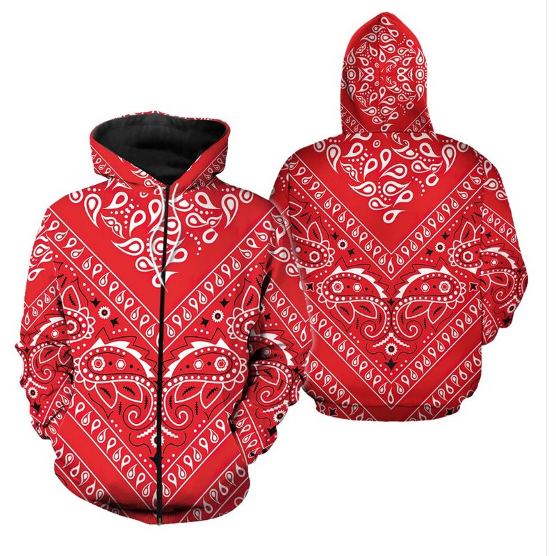 Men's Full-zip Red Bandana Hoodie Not The Same Color As Pants — Sweats à capuche pour hommes