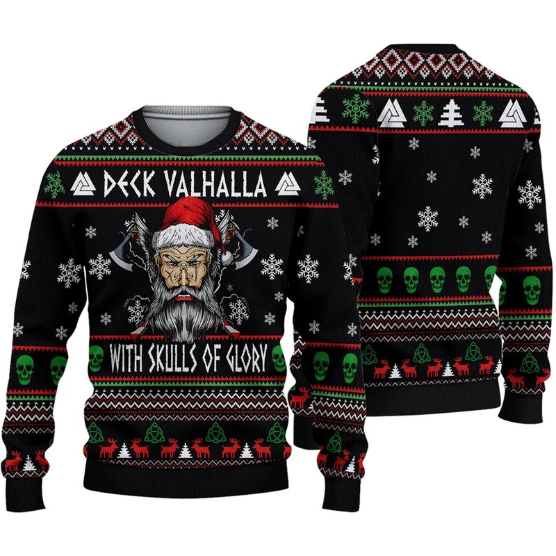 Viking Deck Valhalla With Skulls Of Glory Ugly Christmas Sweater — Mens Sweaters