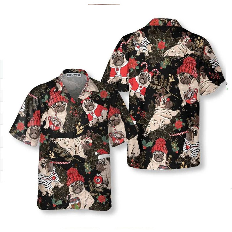 Merry Pug Party Hawaiian Shirt — Mens Casual Shirts