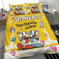Cuphead Bedding Set, Gamer Blanket, Cuphead And Mugman Birthday Bedding Set