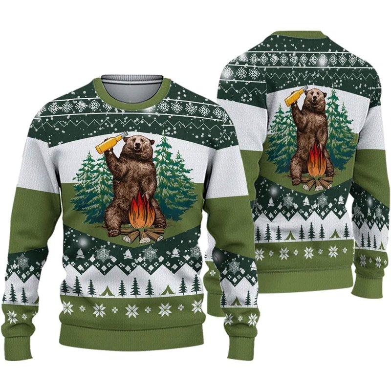 Bear Beer Campfire Green Wool Ugly 3d Sweater — Chandails pour hommes
