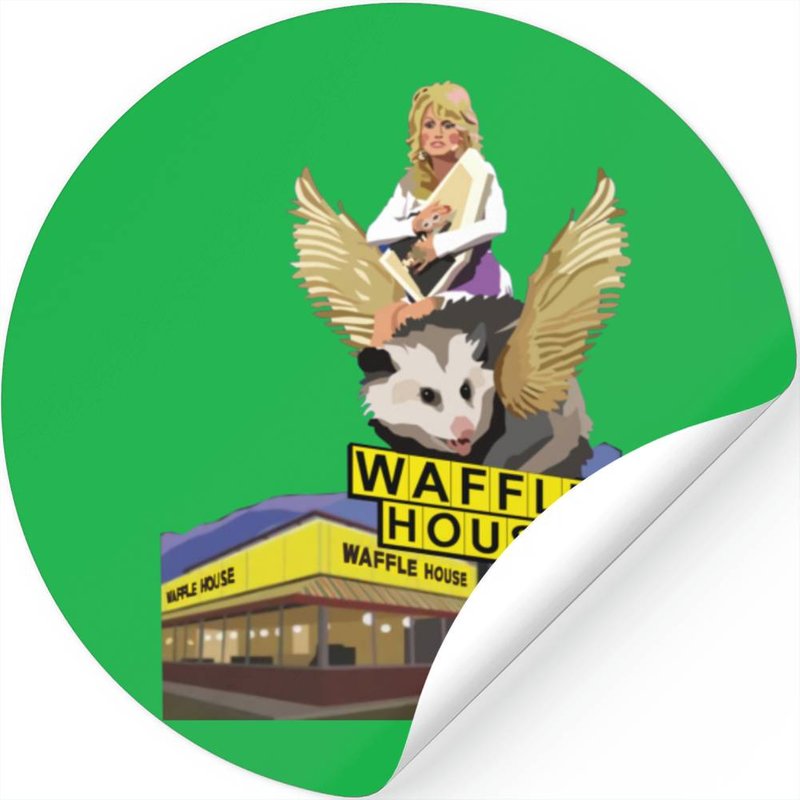 Dolly Parton Riding A Winged Possum Over Waffle House Stickers — Stickers & Decals