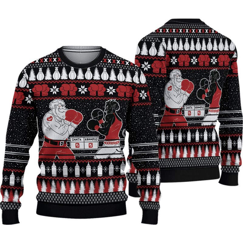 3d Boxing Santa Vs Krampus Ugly Christmas Sweater — Chandails pour hommes