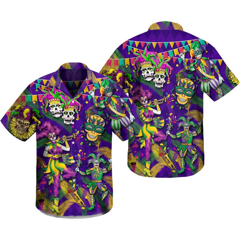 Clown Skull Happy Mardi Gras Pattern On Purple Hawaii Shirt — Chemises décontractées pour hommes