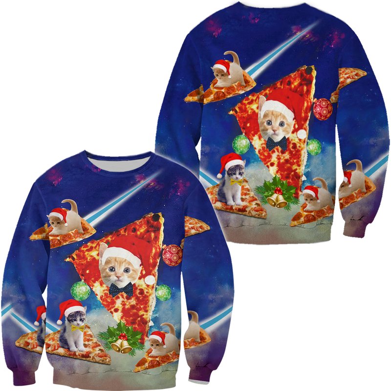 Christmas Pizza Cat 3d Sweater — Chandails pour hommes