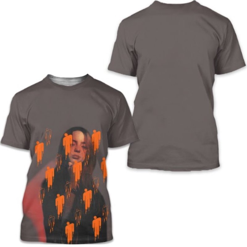 Vintage Billie Eilish T-shirt Tour Music Rock Grunge Big Logo Rare Grey Orange Shirt — T-shirts pour hommes