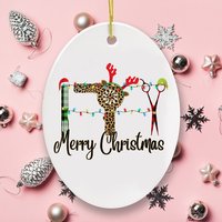 Hairdresser Plaid Merry Christmas Ceramic Ornament