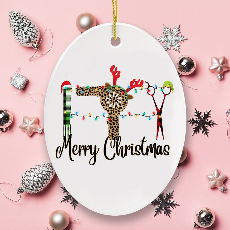 Hairdresser Plaid Merry Christmas Ceramic Ornament — Ornements