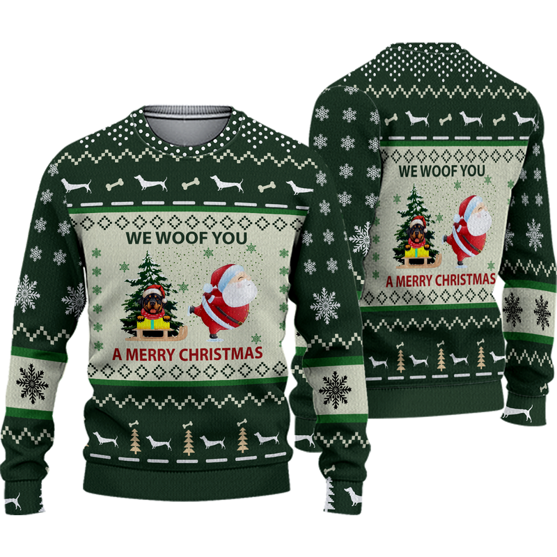 3d Green Red Rottweiler We Woof You A Merry Christmas Ugly Sweater — Chandails pour hommes