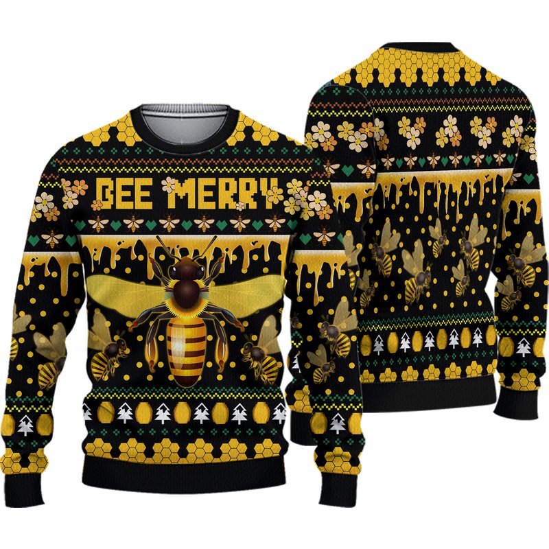 Bee Merry Christmas Pattern Black 3d Sweater