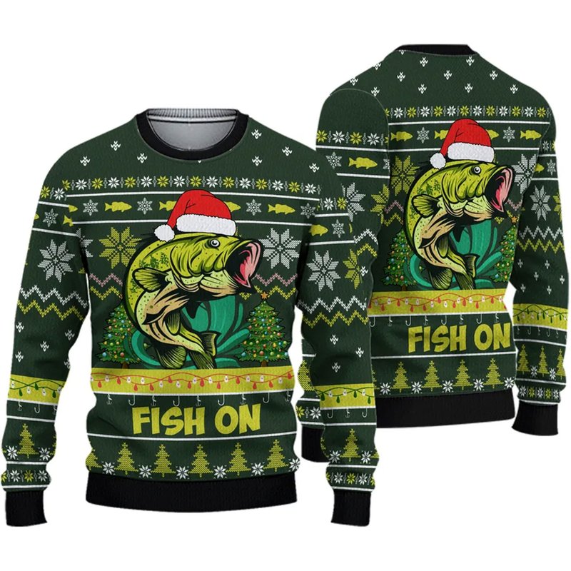 Bass Fishing Fish On Christmas Hat Knitted Ugly 3d Sweater — Chandails pour hommes