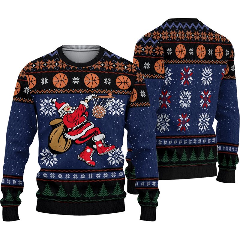 Basketball Santa Christmas Pattern On Blue 3d Sweater