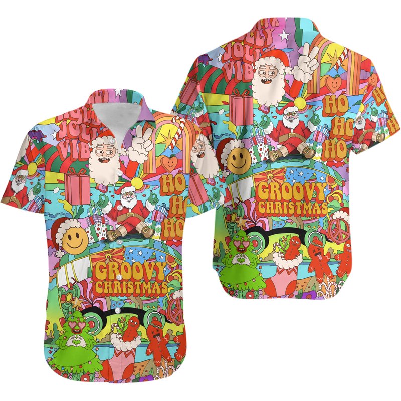Christmas Hippie Santa Bus Hawaiian Shirt — Chemises décontractées pour hommes