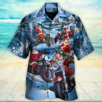 Christmas Driving Motorcycle With Santa In Town Hawaiian Shirt