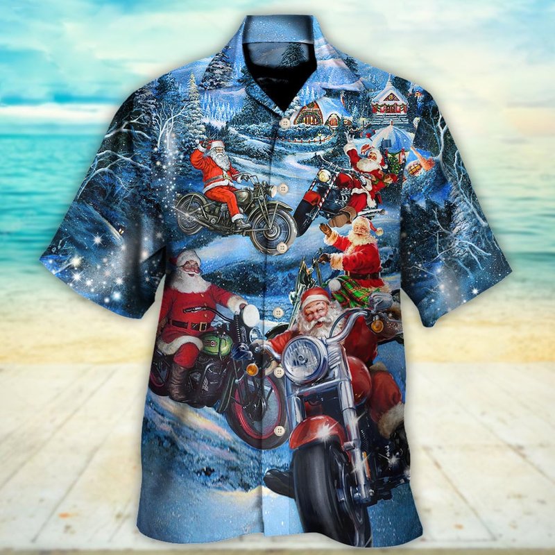 Christmas Driving Motorcycle With Santa In Town Hawaiian Shirt — Chemises décontractées pour hommes