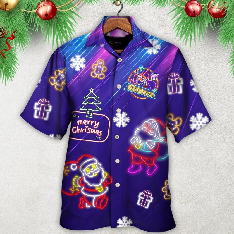 Christmas Santa Neon Light Xmas Hawaiian Shirt — Chemises décontractées pour hommes