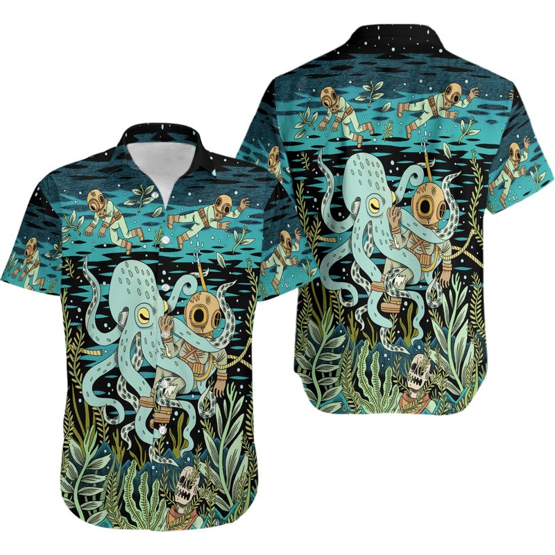 Diver Fighting With Octopus Hawaiian Shirt — Chemises décontractées pour hommes