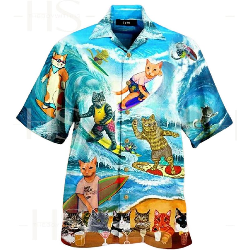Cat Surfing Hawaii Shirts, Cat Lover Surfer Beach, Button Up — Chemises décontractées pour hommes