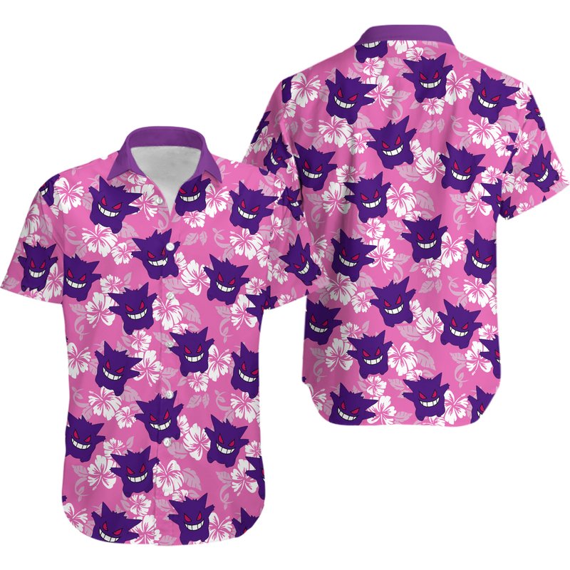 Gengar Pkm Ghostpoison Animal Tropical Button Down Hawaiian Shirt — Chemises décontractées pour hommes