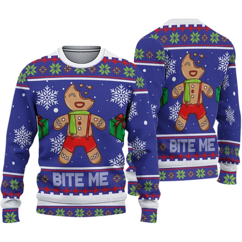 Bite Me Gingerbread Unisex Ugly Christmas 3d Sweater — Chandails pour hommes