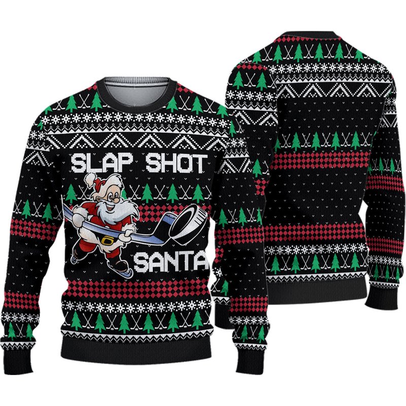 Slap Shot Santa Hockey Ugly Christmas Sweater — Mens Sweaters