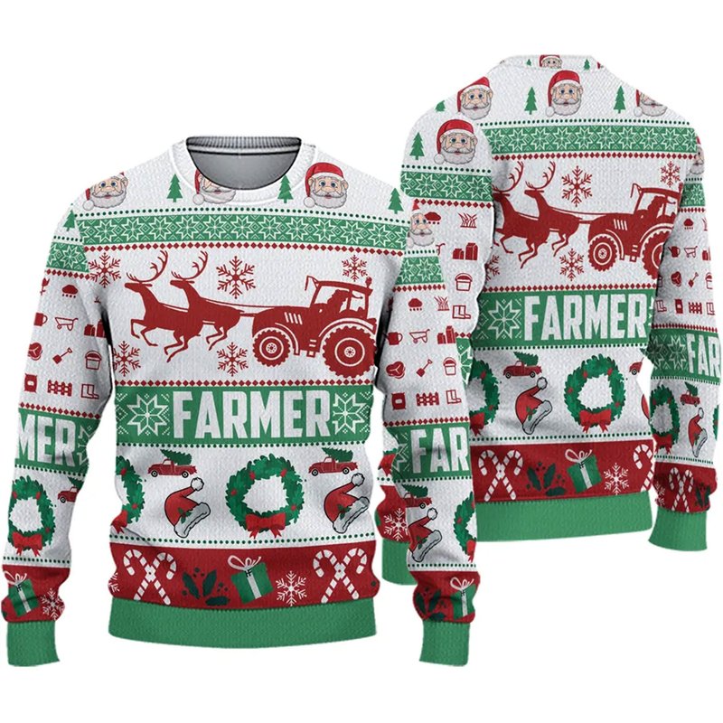 Farmer Christmas Tractor Santa And Reindeer Ugly Sweater — Mens Sweaters
