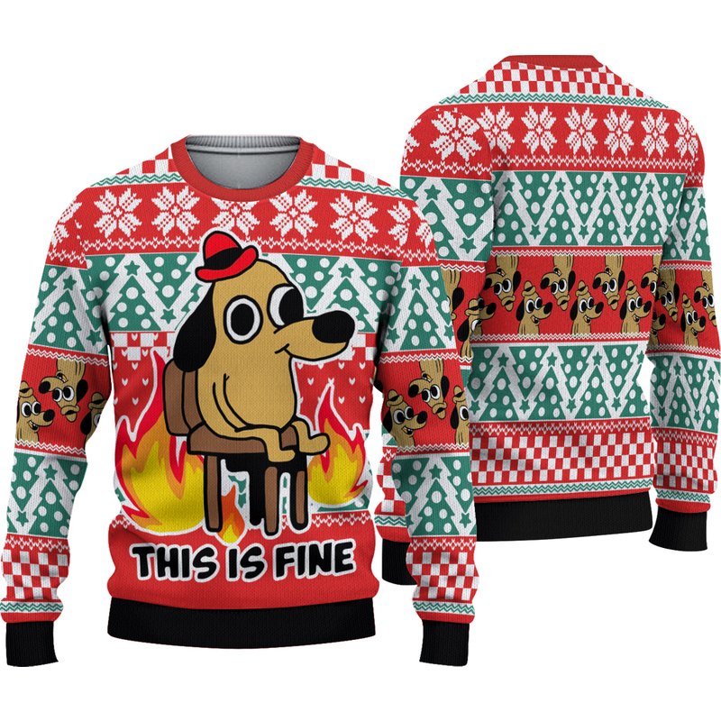 This Is Fine Dog Meme Ugly Christmas Sweater — Mens Sweaters