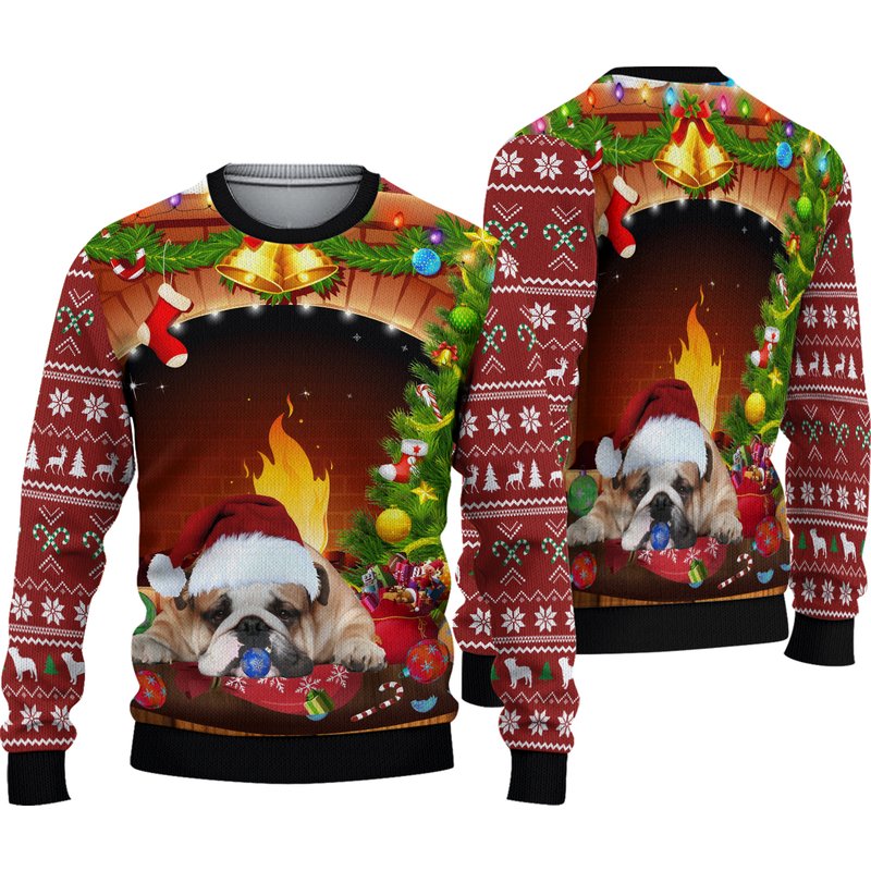 Sleeping Bulldog Fireplace Christmas Tree Ugly Sweater — Mens Sweaters