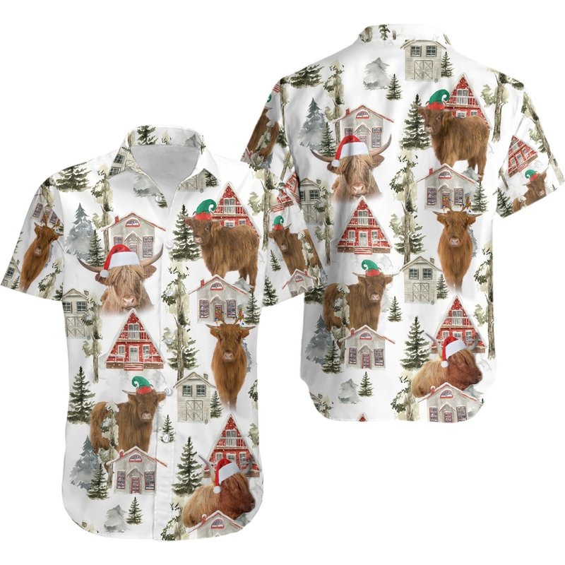 Highland Cow Christmas Hawaiian Shirt — Mens Casual Shirts