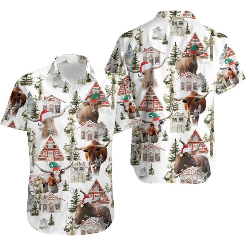 Texas Longhorn Cow Christmas Hawaiian Shirt — Chemises décontractées pour hommes
