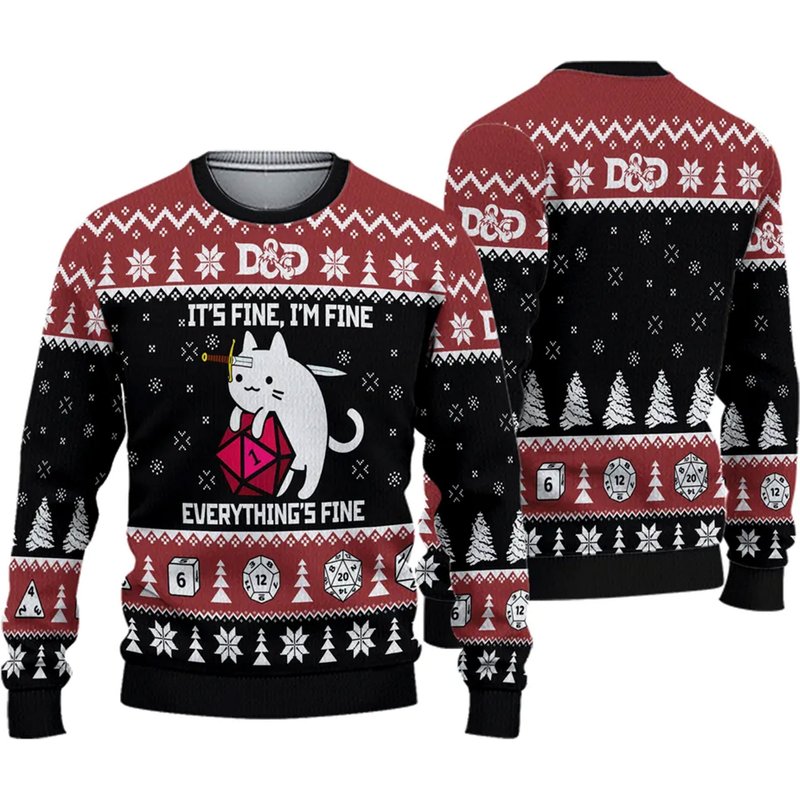 Funny Cat It's Fine Everything Fine Ugly Christmas Sweater — Chandails pour hommes