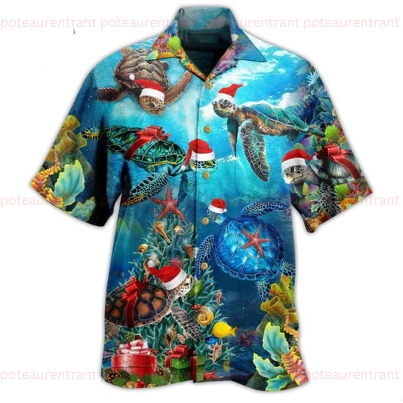 Turtle Love Christmas And Ocean 3d Hawaii Shirt, Christmas Gifts — Chemises décontractées pour hommes