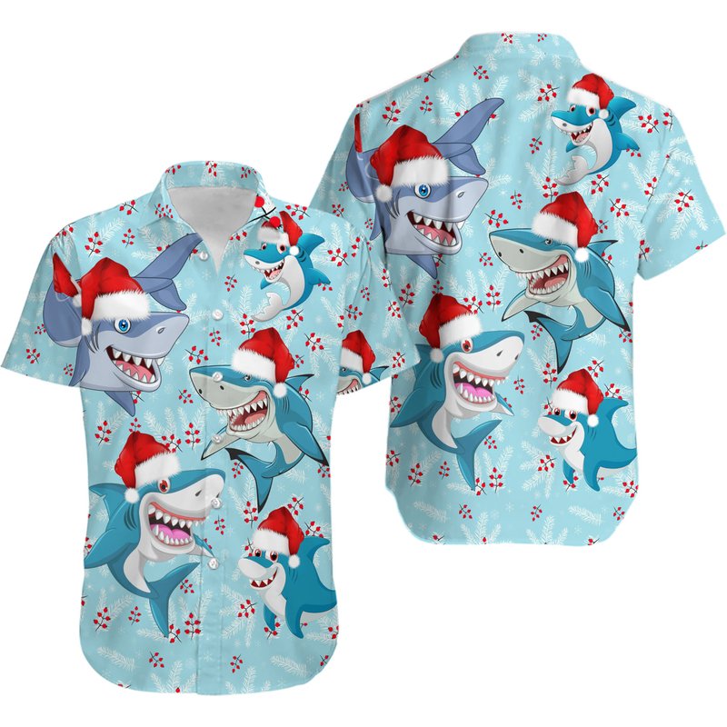 Merry Christmas Shark Santa Hat Christmas Hawaiian Shirt — Chemises décontractées pour hommes