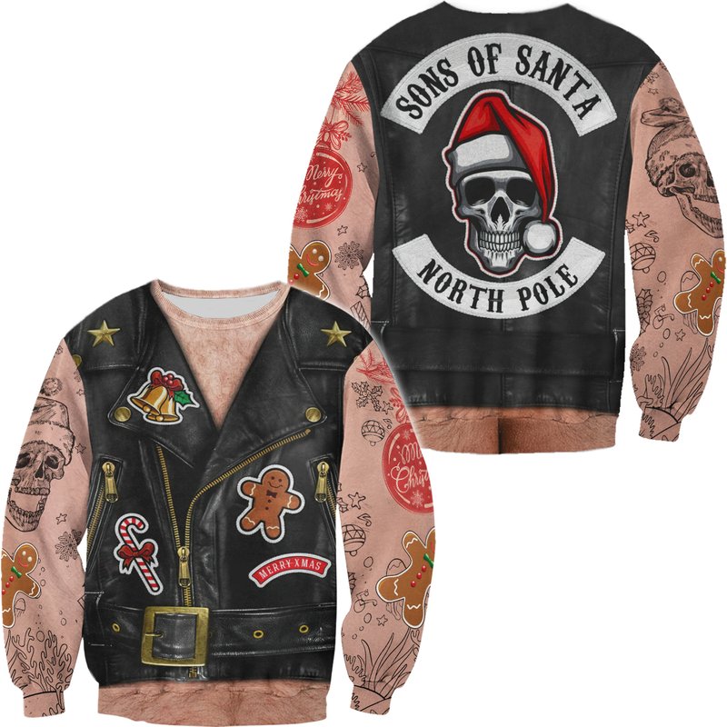 Biker Xmas Sweater, Biker Tattoo Xmas 3d Sweater — Chandails pour hommes