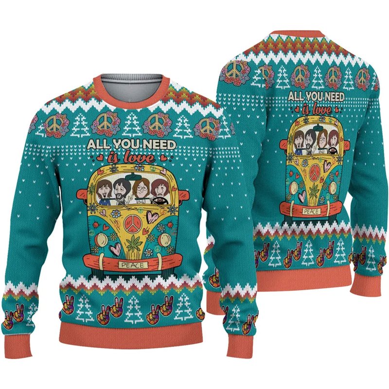 All You Need Is Love Hippie Peace Bus Ugly Christmas 3d Sweater — Chandails pour hommes
