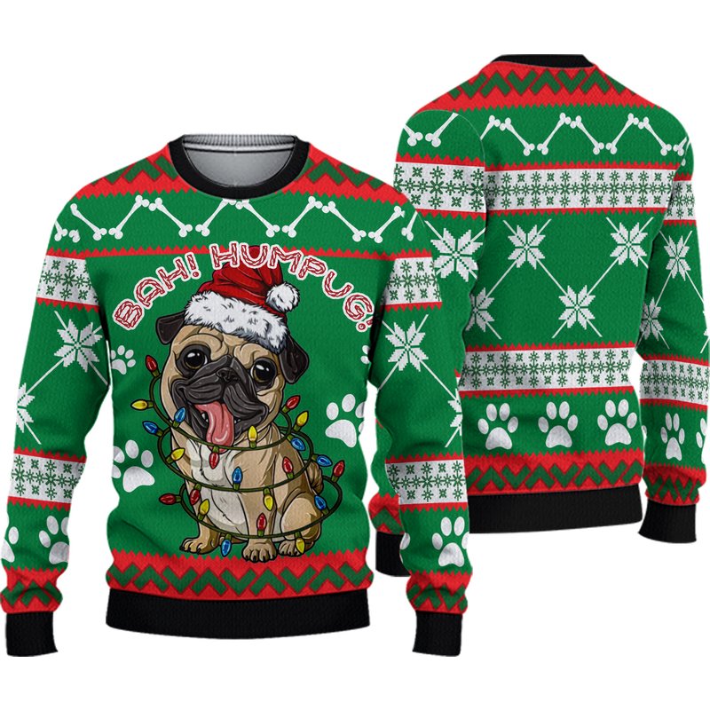 Bah Humpug Pug Dog Ugly Christmas 3d Sweater — Mens Sweaters