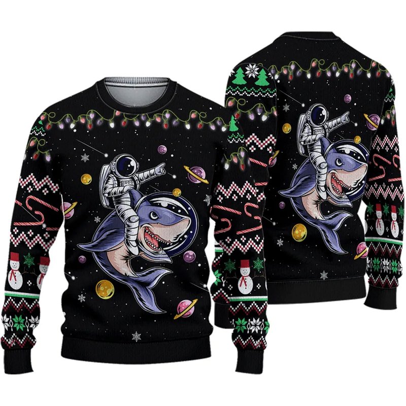 Astronauts Ride A Shark Ugly Christmas 3d Sweater — Chandails pour hommes