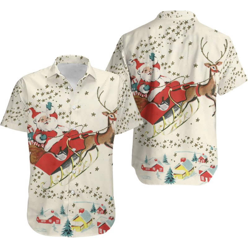 Santa Claus Riding Reindeer Hawaii Shirt, Snowman And Santa Claus — Chemises décontractées pour hommes