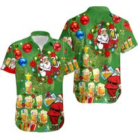 Christmas Funny Santa Drinking Beer Green Hawaiians Shirt