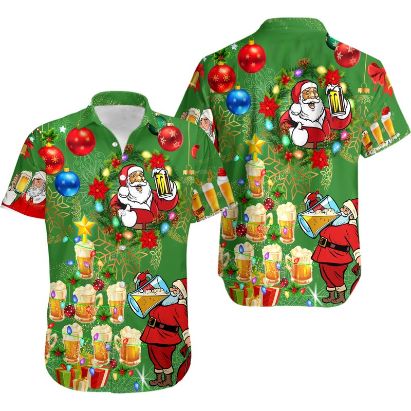 Christmas Funny Santa Drinking Beer Green Hawaiians Shirt — Chemises décontractées pour hommes