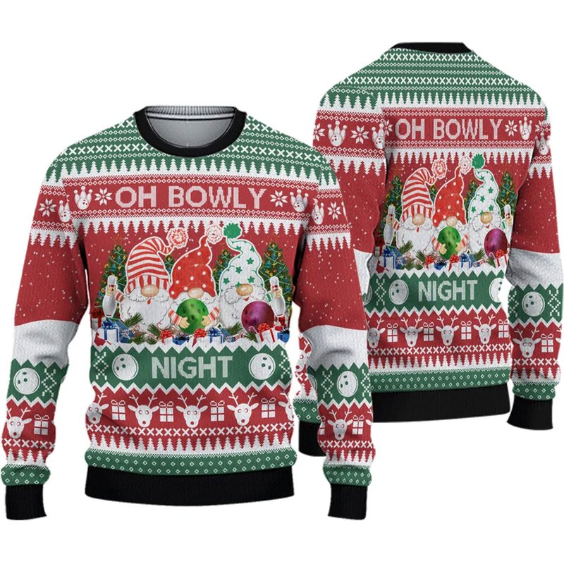 Bowling And Gnomes Lovers Gift Oh Bowly Night Ugly Christmas 3d Sweater — Chandails pour hommes
