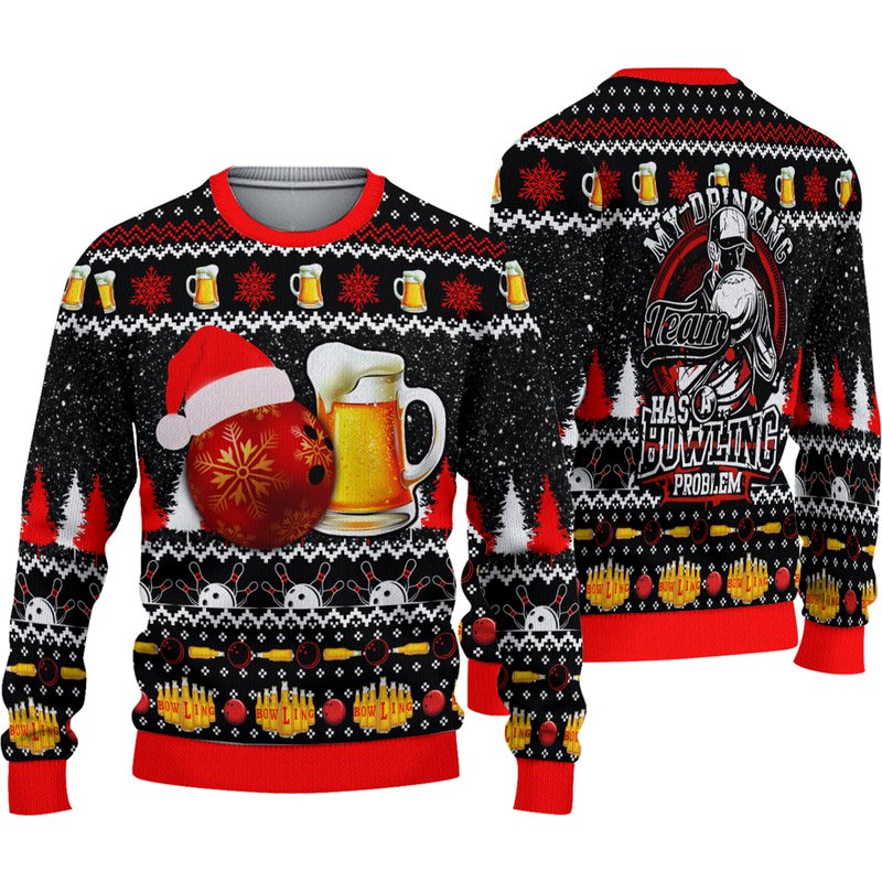 Bowling And Beer Lovers Ugly Christmas 3d Sweater — Chandails pour hommes