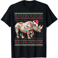 Santa Rhino Christmas Lights Ugly Sweater Racoon Lover Xmas T-shirt