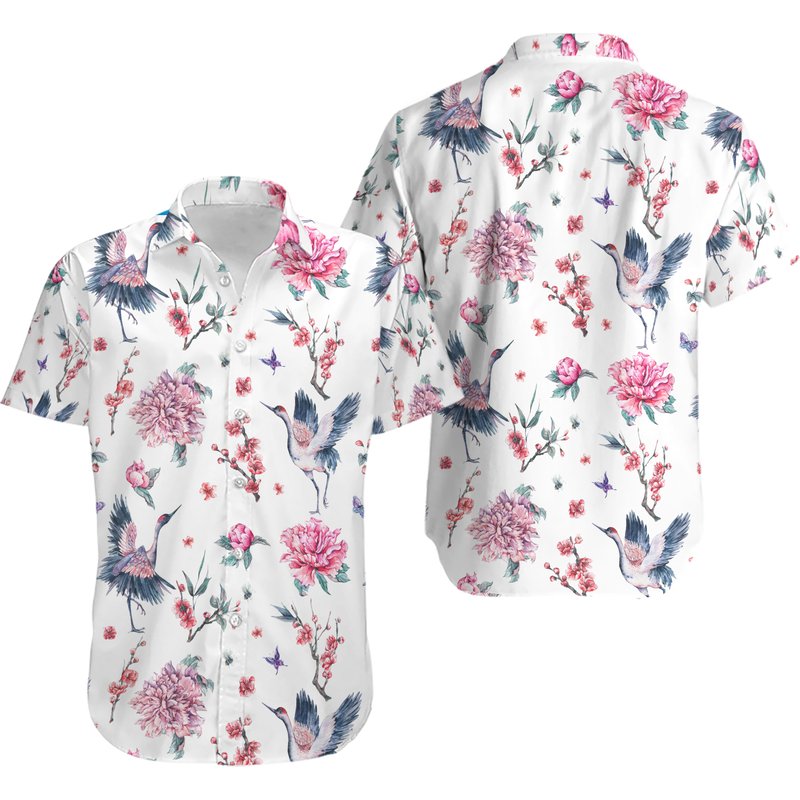 Pink Floral And Crane Hawaiian Shirt — Chemises décontractées pour hommes