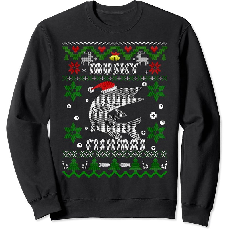 Muskie Angler Fishmas Musky Fishing Gifts Ugly Christmas Sweatshirt — Sweats à capuche pour hommes