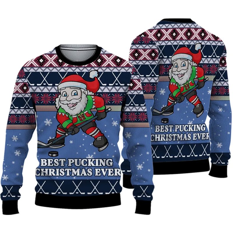 Funny Santa Playing Hockey 3d Ugly Christmas 3d Sweater