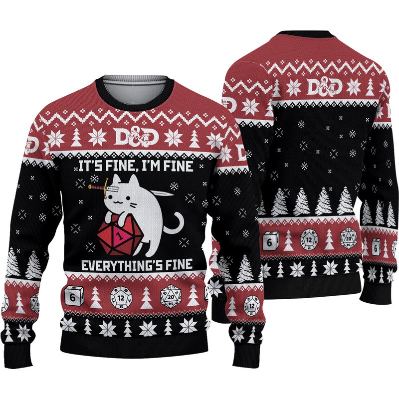 D&d Dragon Sweater Funny Cat Its Fine Everything Fine Ugly Christmas Sweater — Chandails pour hommes