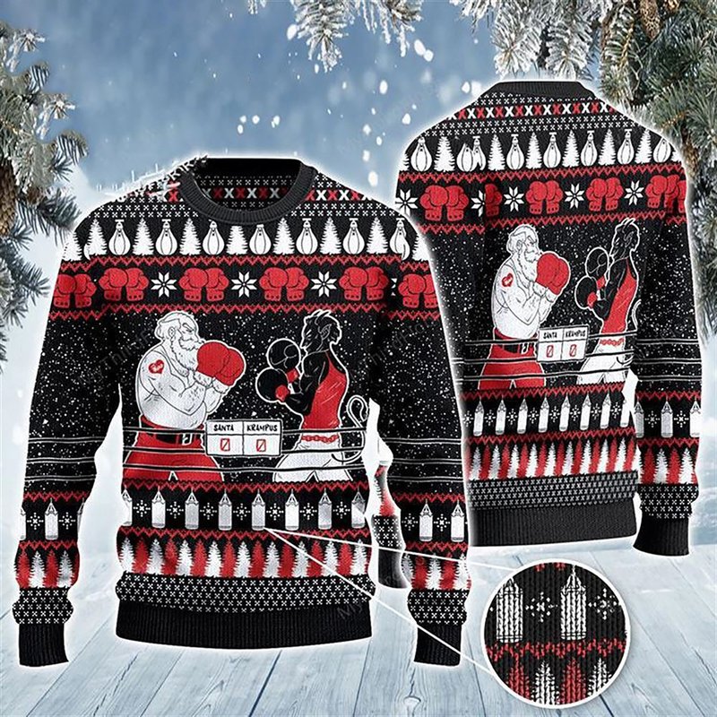 Boxing Santa And Kramp 3d Christmas Zip Sweater — Chandails pour hommes