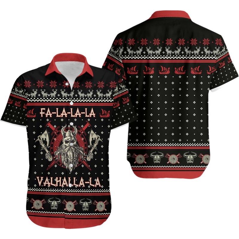 Viking Valhalla Black And Red Christmas Hawaiian Shirt — Chemises décontractées pour hommes